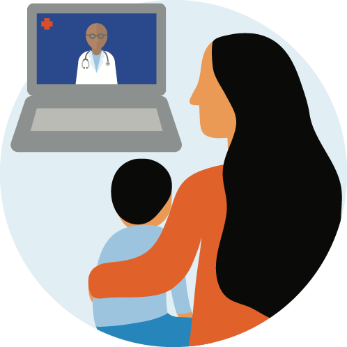 Mother and child in a teledentistry session on a laptop