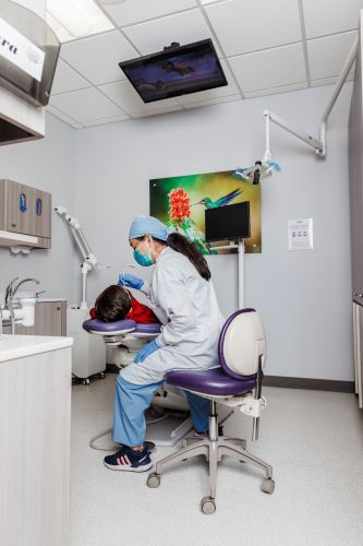 dental hygienist looks inside child's mouth