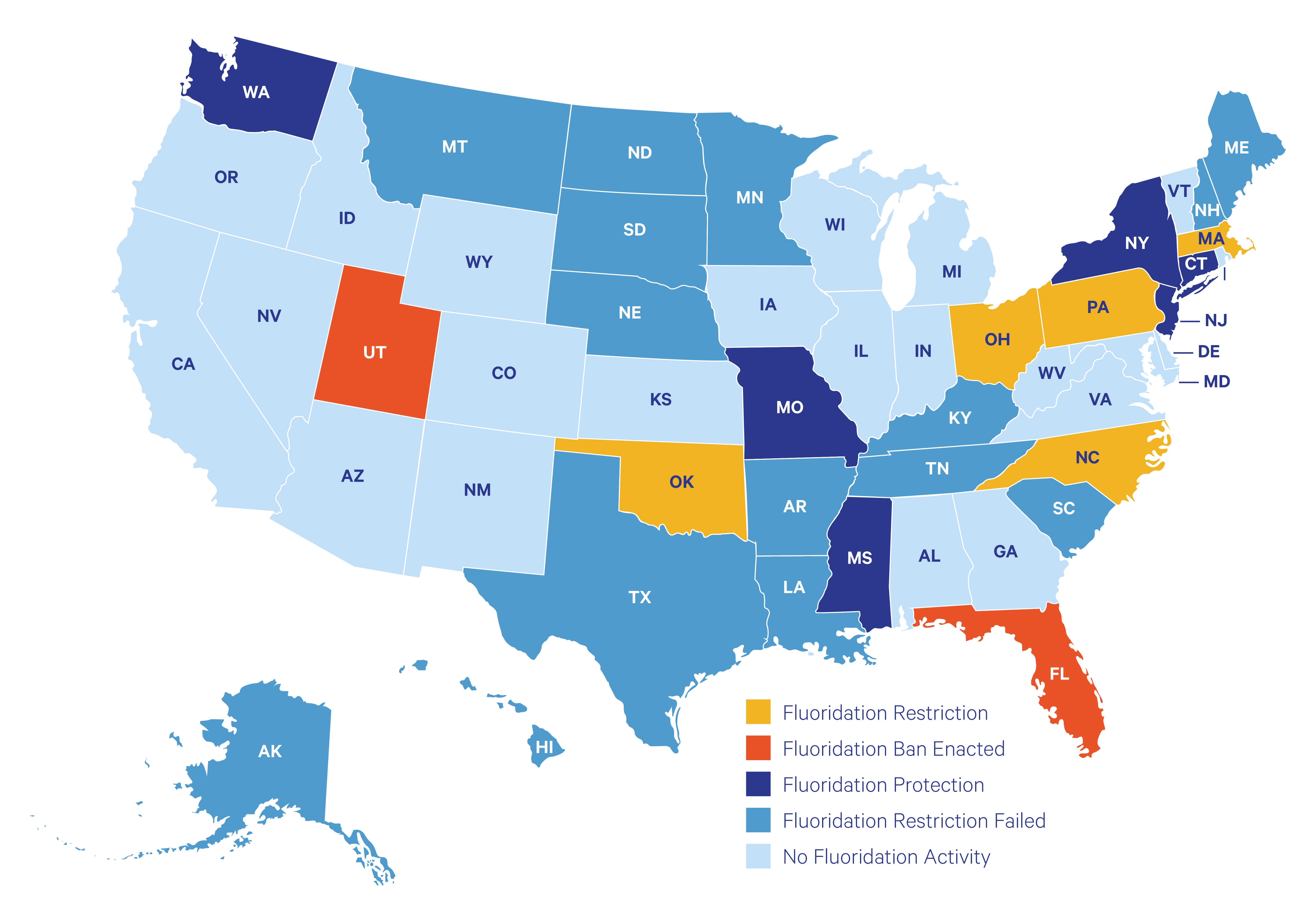 Map of US showing state policy on community water fluoridation