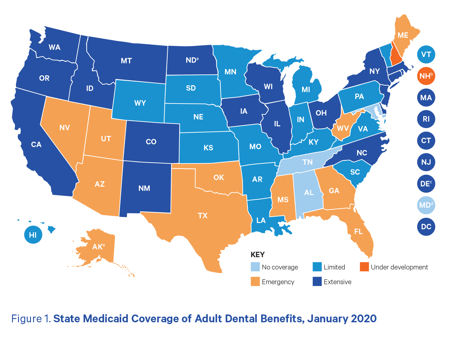 United states map of state medicaid coverage for adult dental benefit